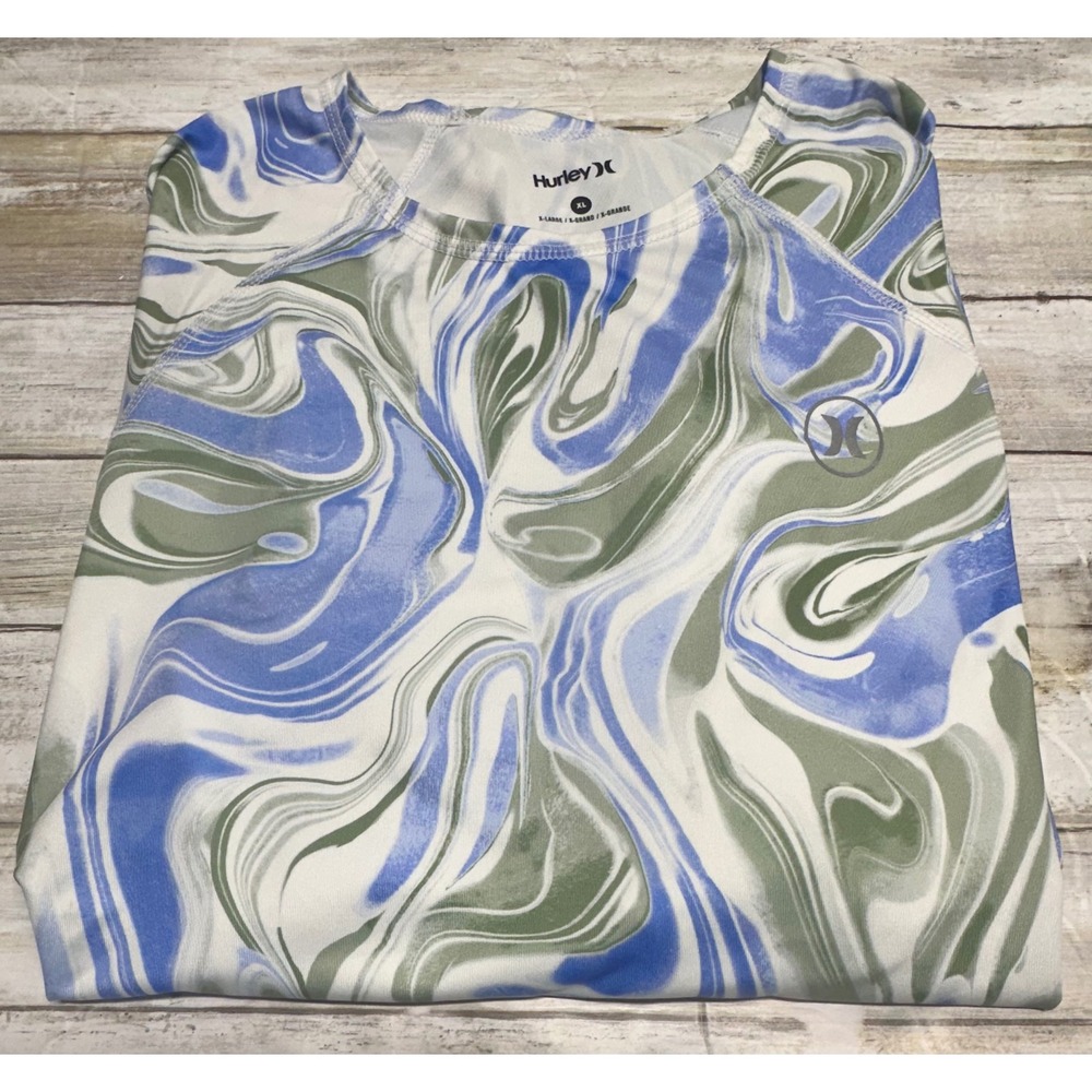 Hurley Womens XL Blue Green Marble Swirl‎ Long Sleeve Cinched Rash Guard Shirt
